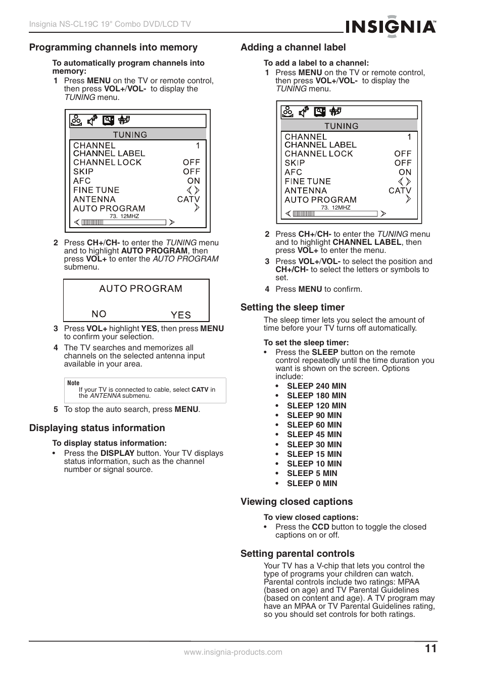 Displaying status information, Adding a channel label, Setting the sleep timer | Viewing closed captions, Setting parental controls | Insignia NS-CL19C User Manual | Page 10 / 20