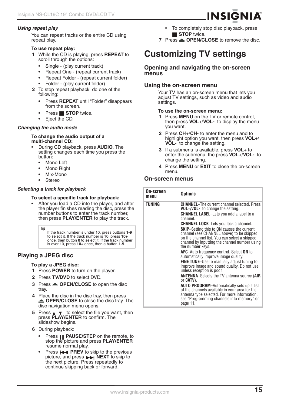 Customizing tv settings, Playing a jpeg disc, On-screen menus | Insignia NS-CL19C User Manual | Page 14 / 20