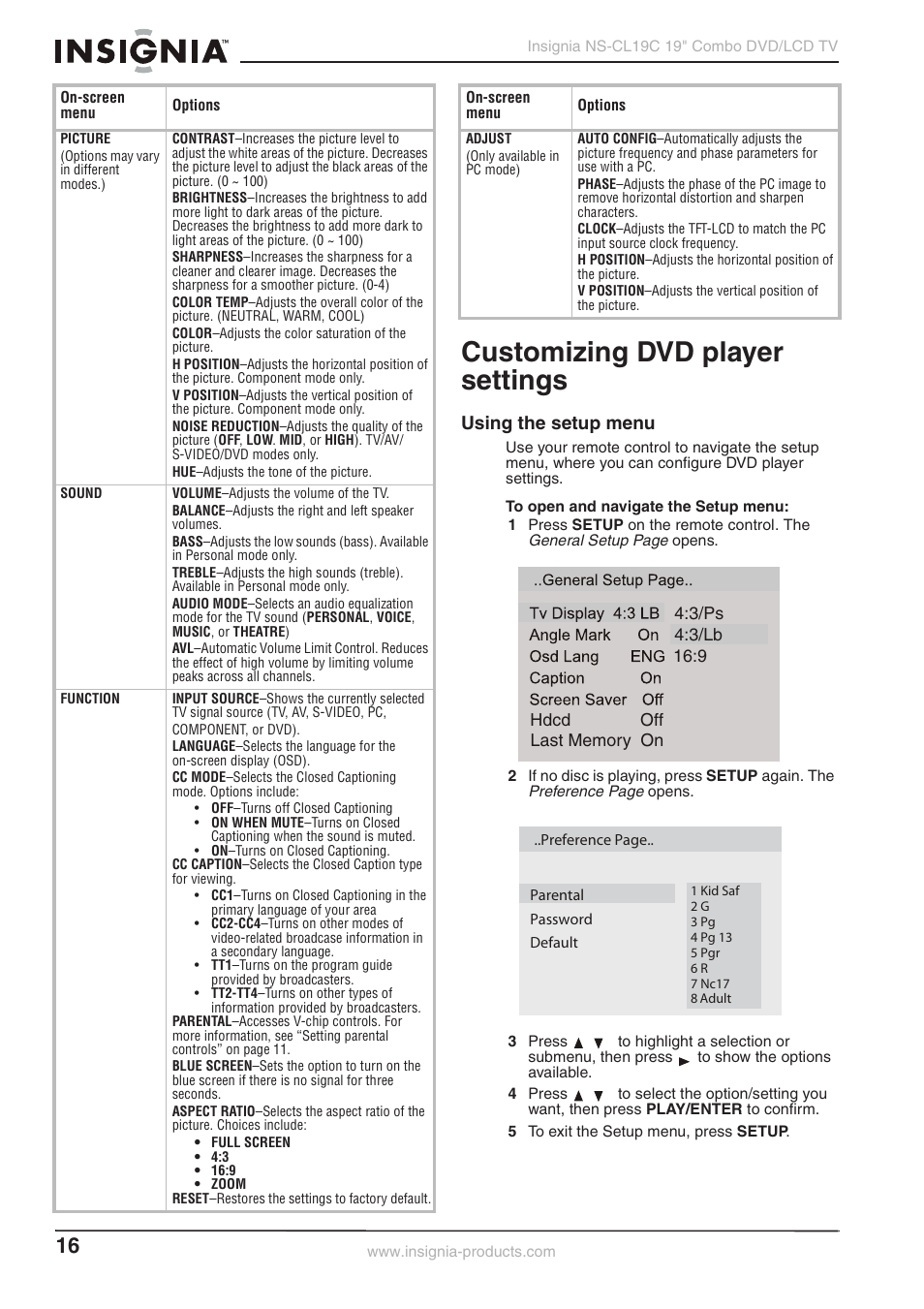 Customizing dvd player settings, Using the setup menu | Insignia NS-CL19C User Manual | Page 15 / 20