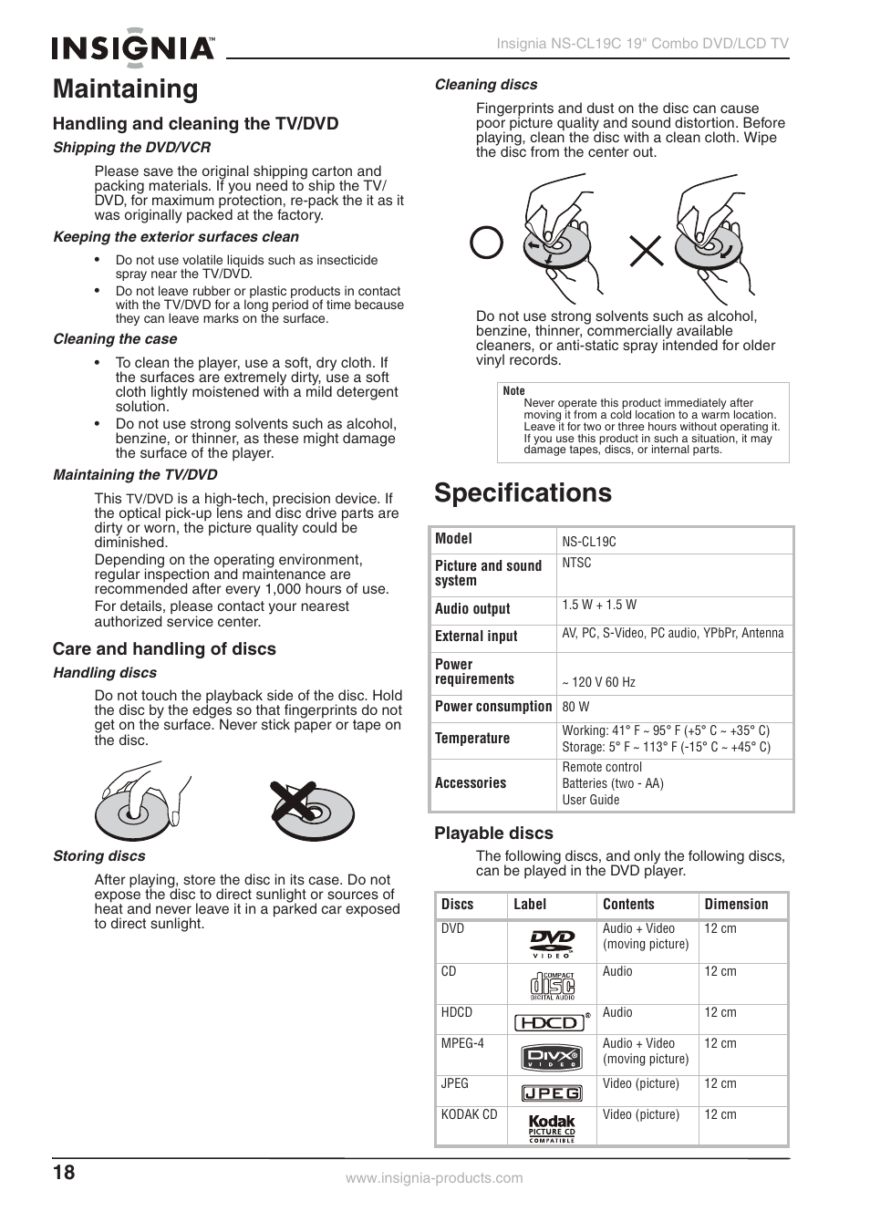 Maintaining, Specifications, Handling and cleaning the tv/dvd | Care and handling of discs, Playable discs | Insignia NS-CL19C User Manual | Page 17 / 20