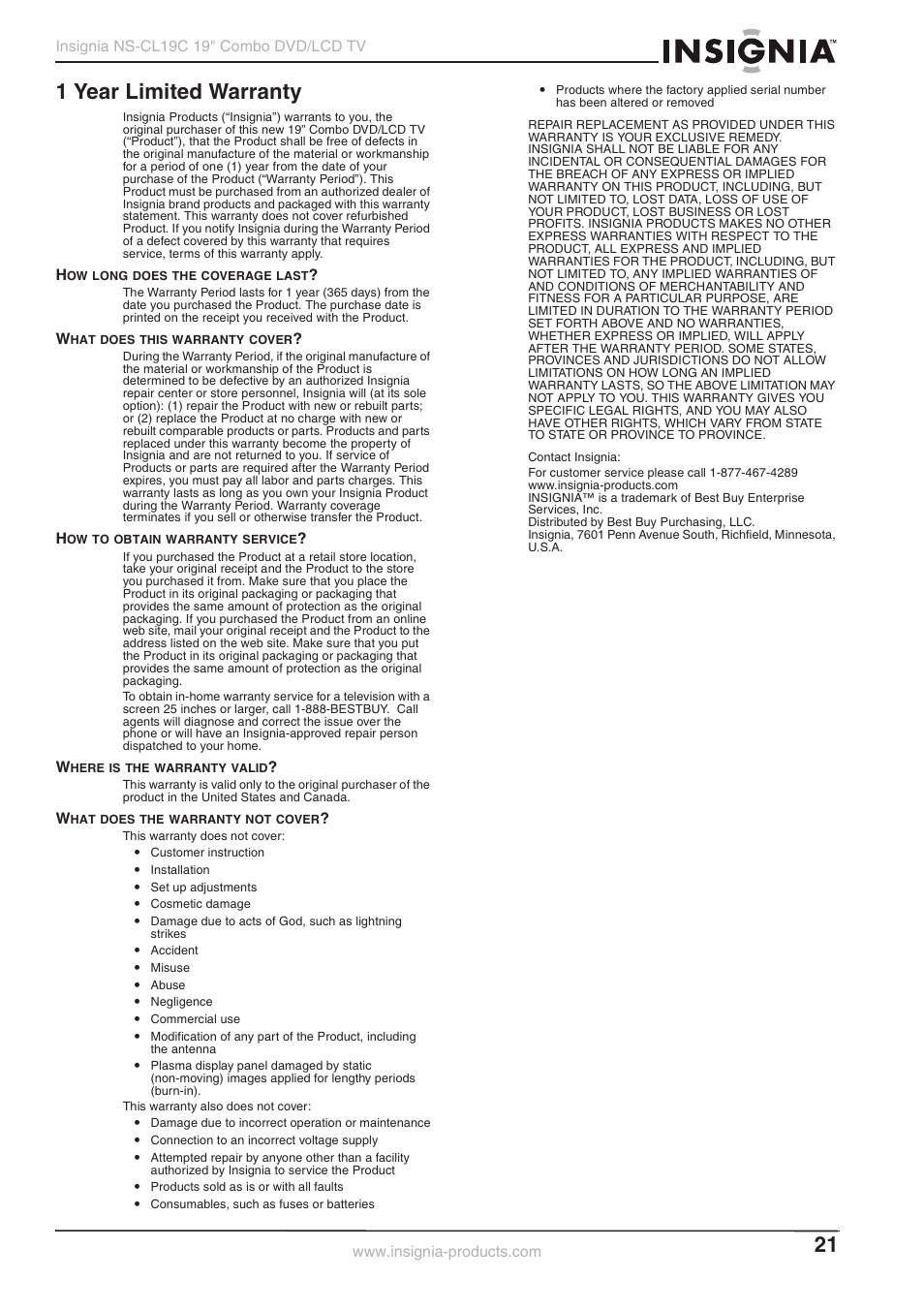 1 year limited warranty | Insignia NS-CL19C User Manual | Page 19 / 20