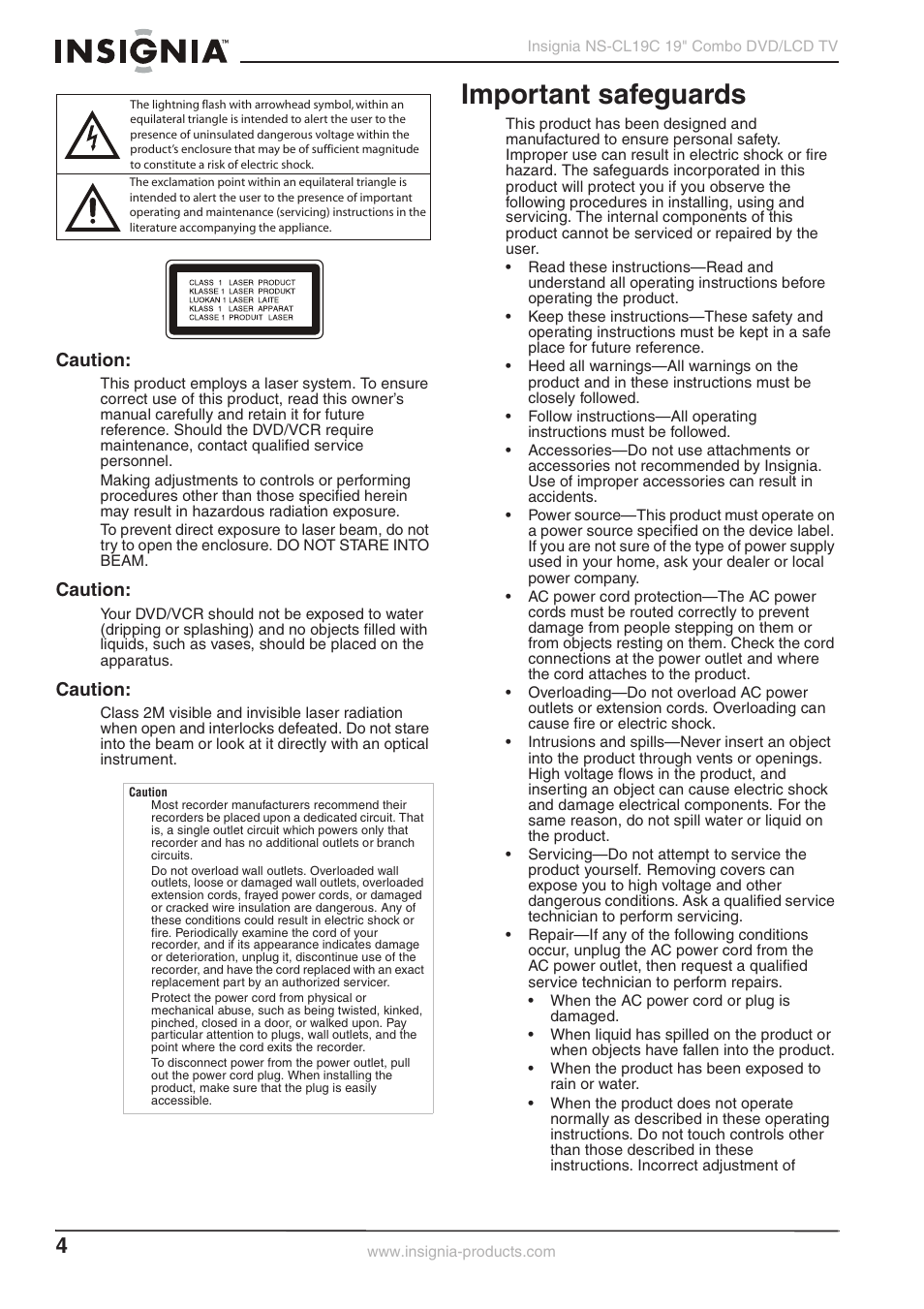 Important safeguards, Caution | Insignia NS-CL19C User Manual | Page 3 / 20