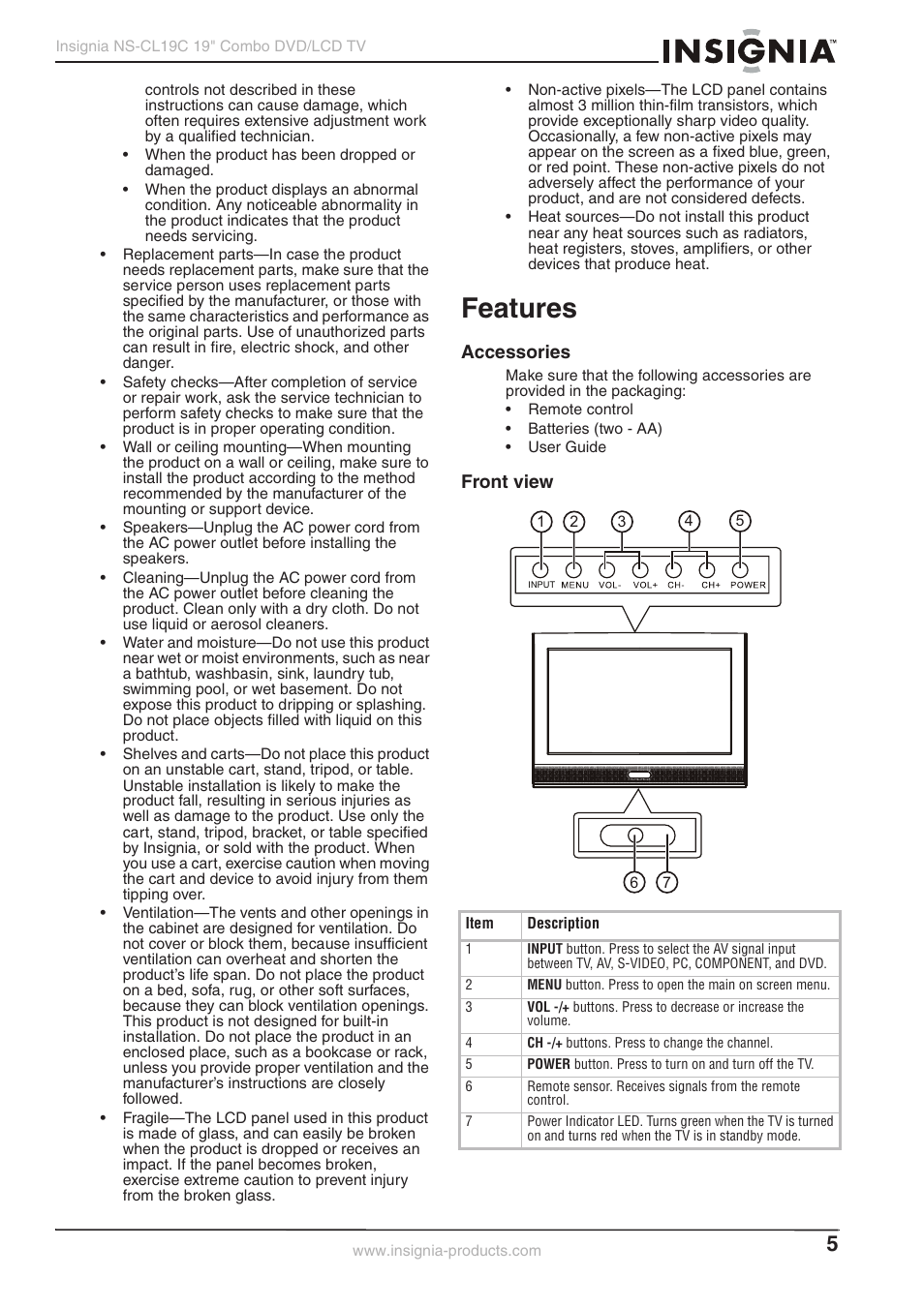 Features, Accessories, Front view | Insignia NS-CL19C User Manual | Page 4 / 20