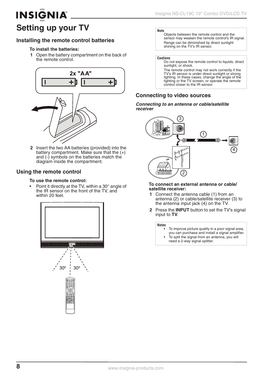 Setting up your tv, Installing the remote control batteries, Using the remote control | Connecting to video sources | Insignia NS-CL19C User Manual | Page 7 / 20