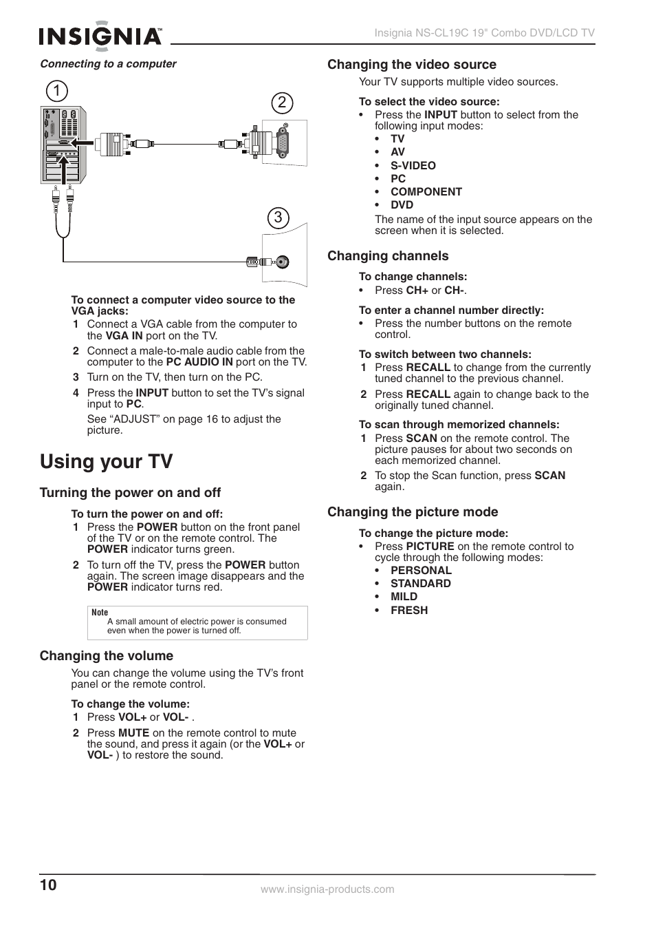 Using your tv | Insignia NS-CL19C User Manual | Page 9 / 20