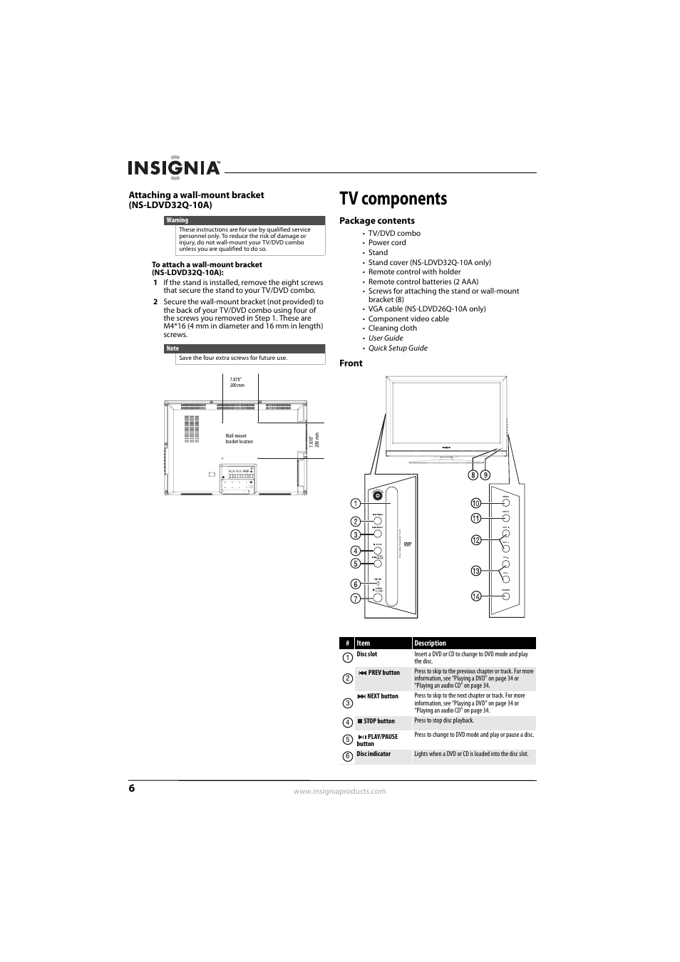 Attaching a wall-mount bracket (ns-ldvd32q-10a), Tv components, Package contents | Front, Package contents front | Insignia NS-LDVD26Q-10A User Manual | Page 12 / 56