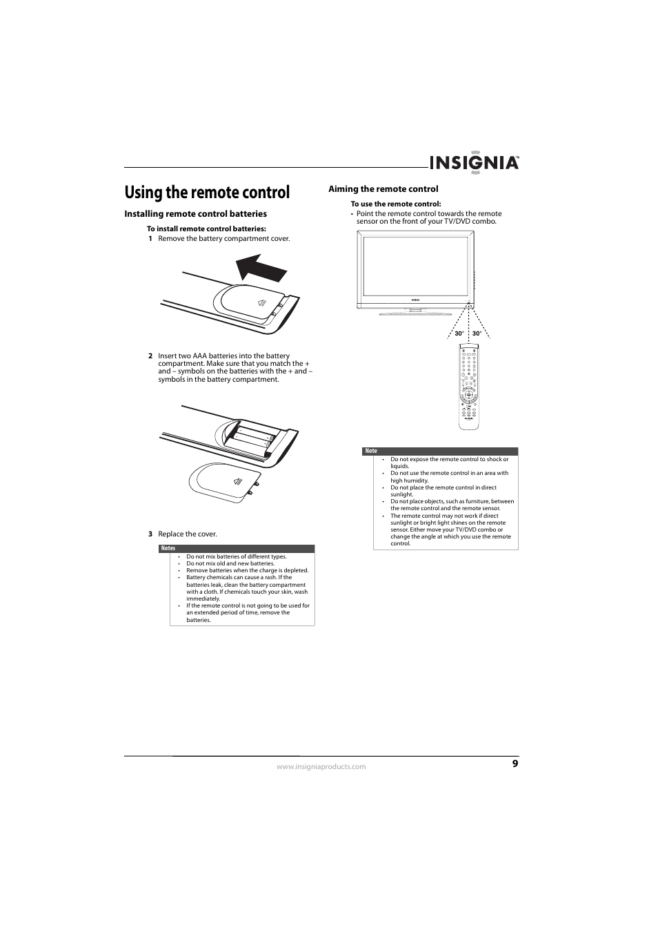 Using the remote control, Installing remote control batteries, Aiming the remote control | Insignia NS-LDVD26Q-10A User Manual | Page 15 / 56
