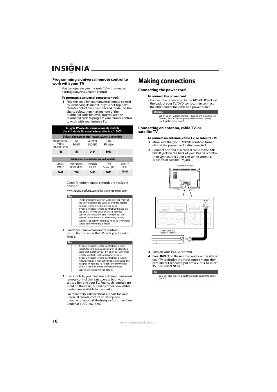 Making connections, Connecting the power cord, Connecting an antenna, cable tv, or satellite tv | Insignia NS-LDVD26Q-10A User Manual | Page 16 / 56