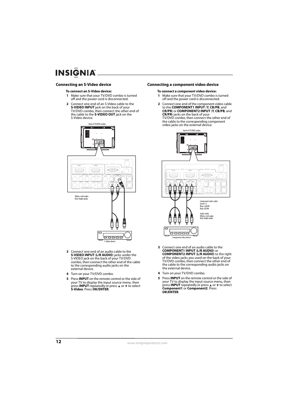 Connecting an s-video device, Connecting a component video device, E “connecting a component video device” o | See “connecting an s-video device | Insignia NS-LDVD26Q-10A User Manual | Page 18 / 56
