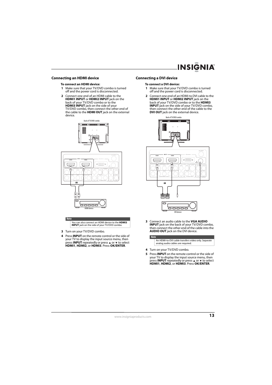 Connecting an hdmi device, Connecting a dvi device, Connecting an hdmi device connecting a dvi device | E “connecting an hdmi device” on, See “connecting an hdmi device | Insignia NS-LDVD26Q-10A User Manual | Page 19 / 56