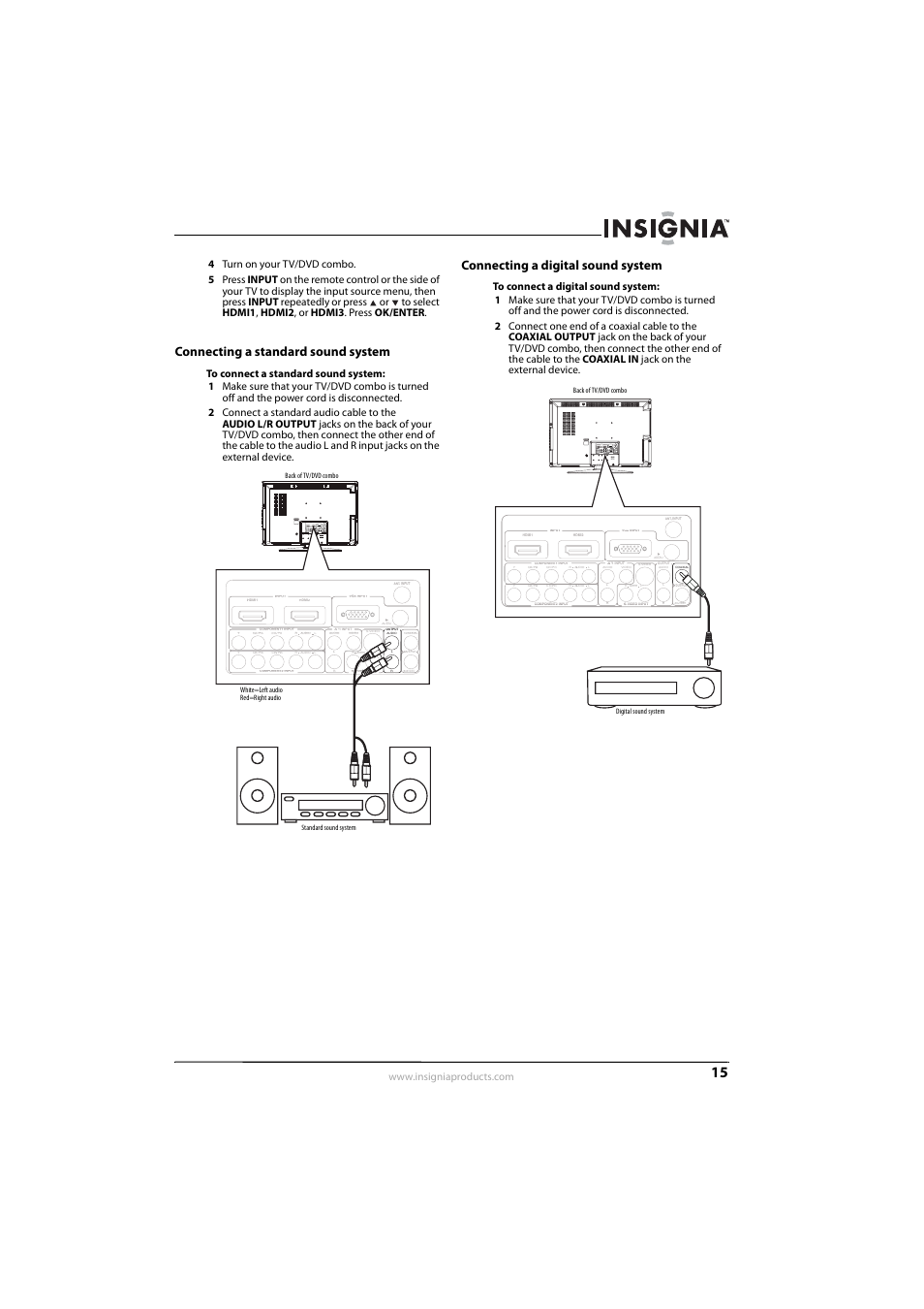 Connecting a standard sound system, Connecting a digital sound system, Ge 15 | Insignia NS-LDVD26Q-10A User Manual | Page 21 / 56