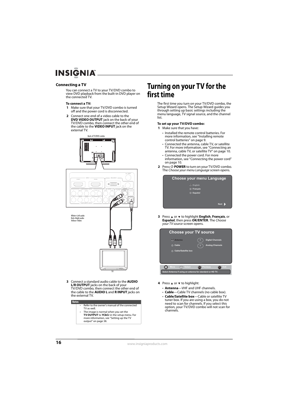 Connecting a tv, Turning on your tv for the first time, Choose your tv source | Choose your menu language | Insignia NS-LDVD26Q-10A User Manual | Page 22 / 56