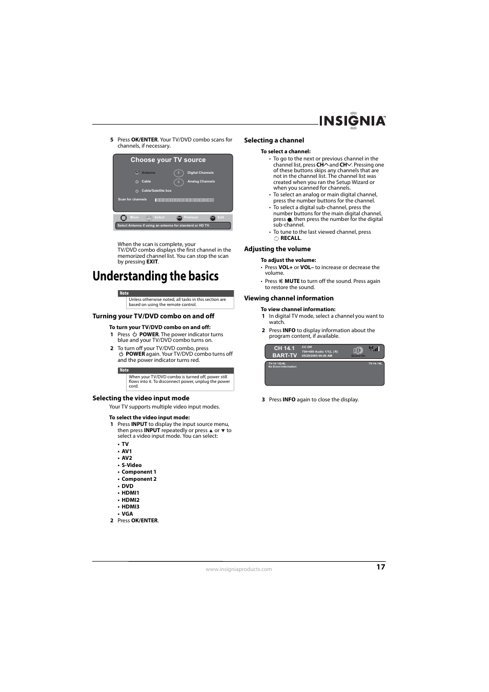 Understanding the basics, Turning your tv/dvd combo on and off, Selecting the video input mode | Selecting a channel, Adjusting the volume, Viewing channel information, Ee “selecting the video input mode, Ee “selecting a channel, Choose your tv source | Insignia NS-LDVD26Q-10A User Manual | Page 23 / 56