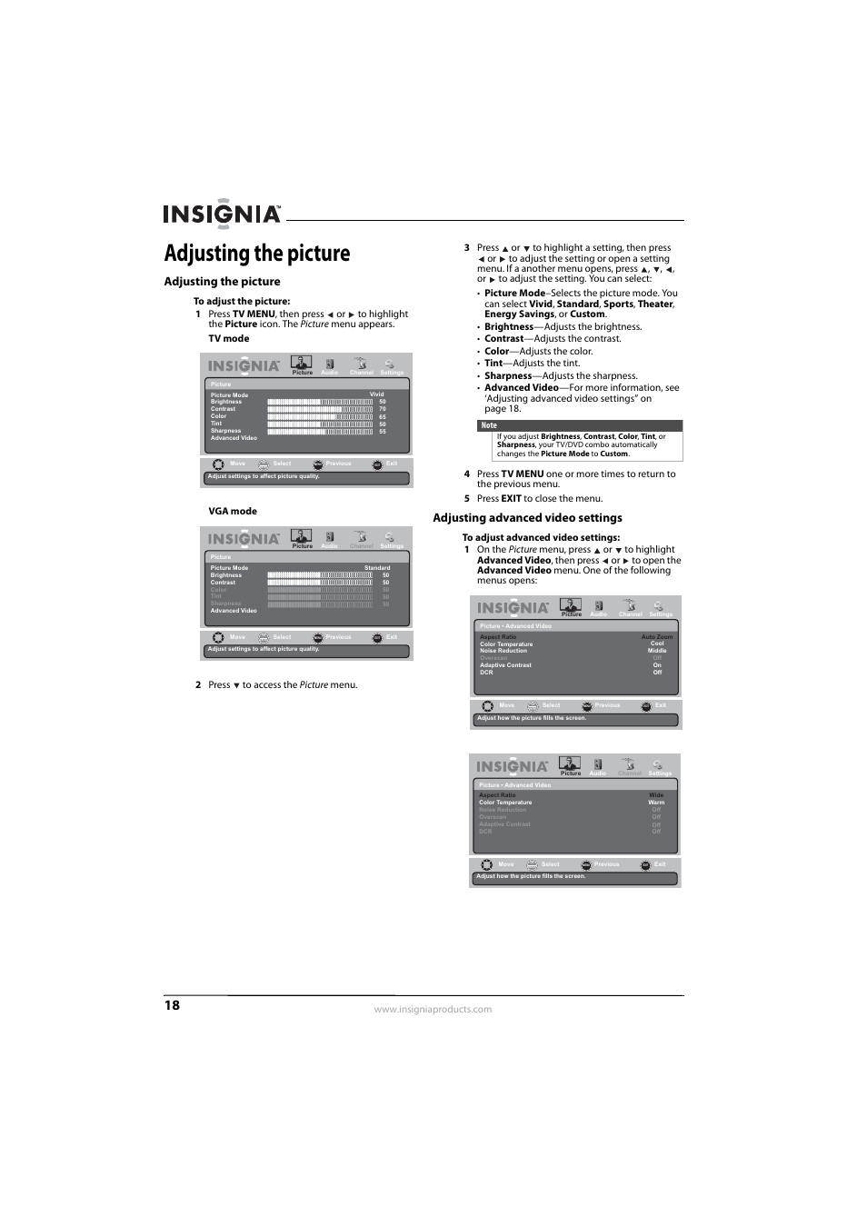 Adjusting the picture, Adjusting advanced video settings | Insignia NS-LDVD26Q-10A User Manual | Page 24 / 56