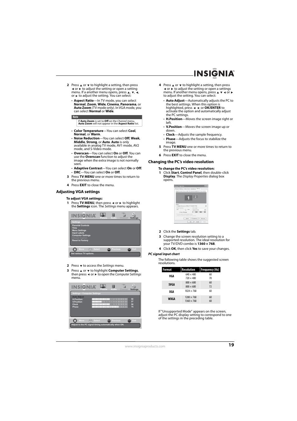 Adjusting vga settings, Changing the pc’s video resolution | Insignia NS-LDVD26Q-10A User Manual | Page 25 / 56