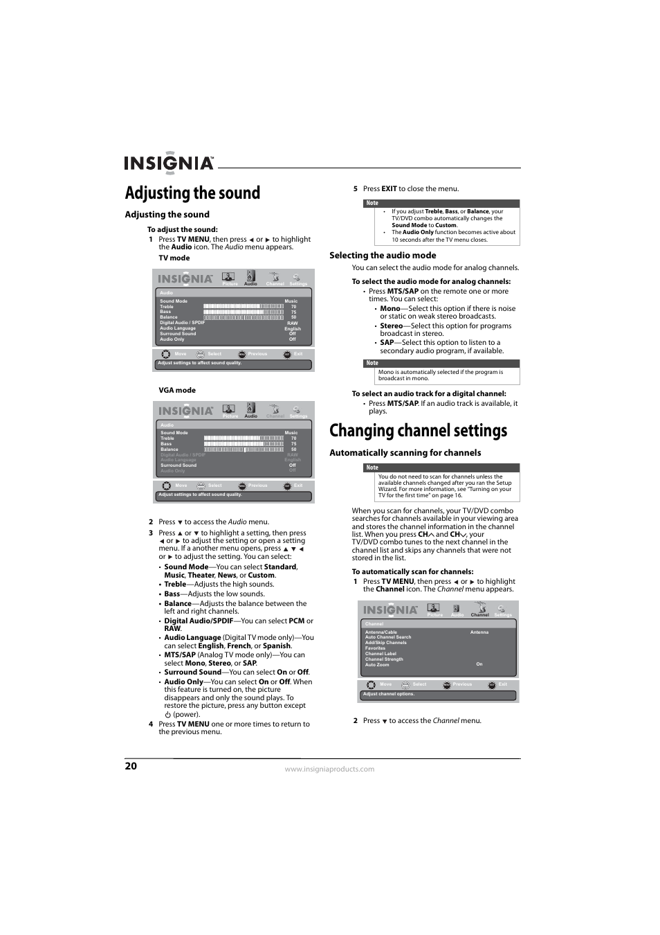 Adjusting the sound, Selecting the audio mode, Changing channel settings | Automatically scanning for channels, Adjusting the sound selecting the audio mode | Insignia NS-LDVD26Q-10A User Manual | Page 26 / 56