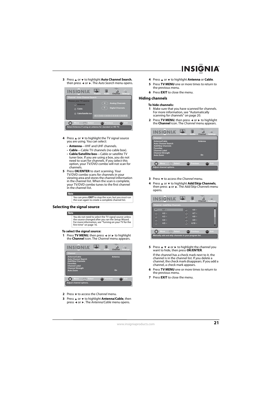 Selecting the signal source, Hiding channels, Selecting the signal source hiding channels | Insignia NS-LDVD26Q-10A User Manual | Page 27 / 56