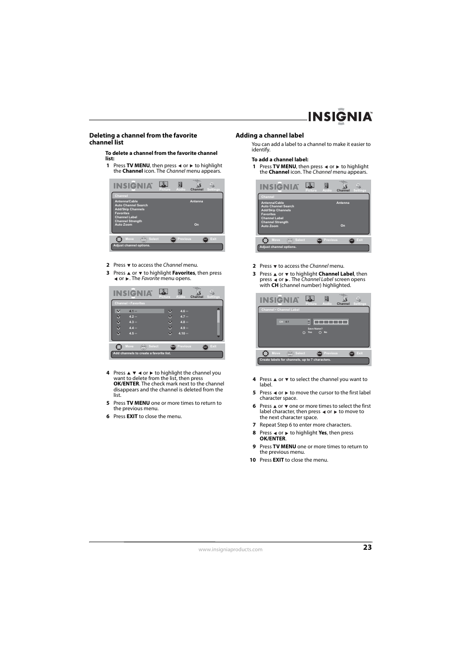 Deleting a channel from the favorite channel list, Adding a channel label | Insignia NS-LDVD26Q-10A User Manual | Page 29 / 56