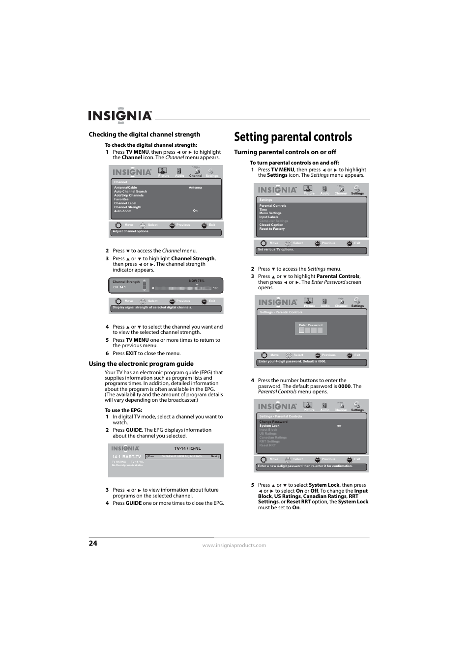 Checking the digital channel strength, Using the electronic program guide, Setting parental controls | Turning parental controls on or off | Insignia NS-LDVD26Q-10A User Manual | Page 30 / 56