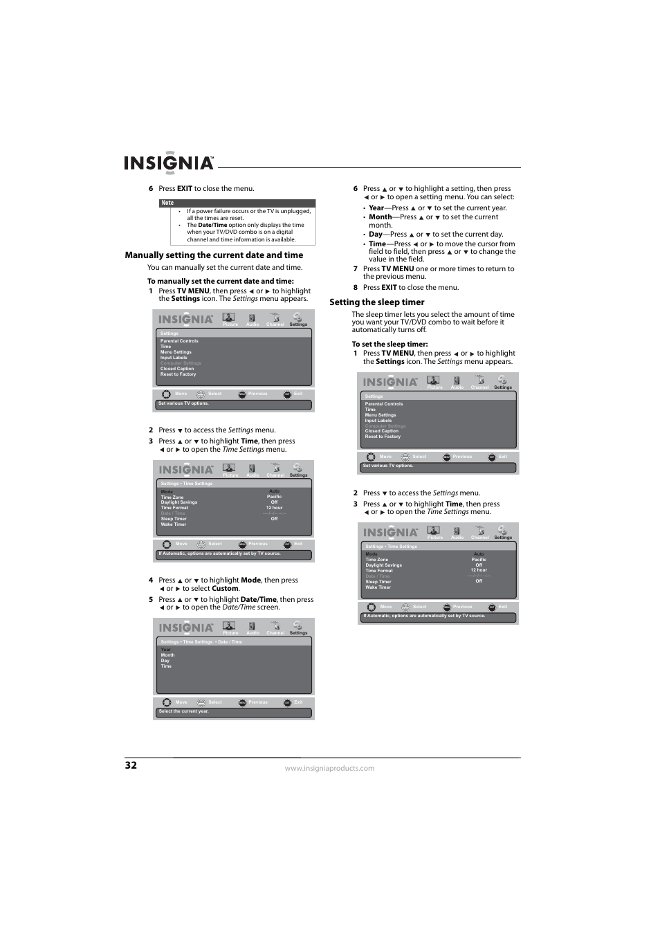 Manually setting the current date and time, Setting the sleep timer | Insignia NS-LDVD26Q-10A User Manual | Page 38 / 56
