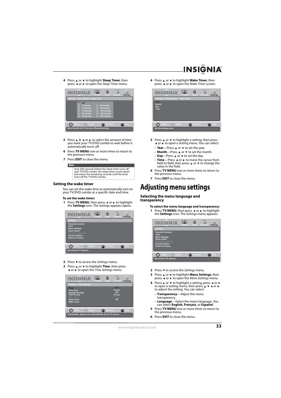 Setting the wake timer, Adjusting menu settings, Selecting the menu language and transparency | Setting the wake timer” o | Insignia NS-LDVD26Q-10A User Manual | Page 39 / 56