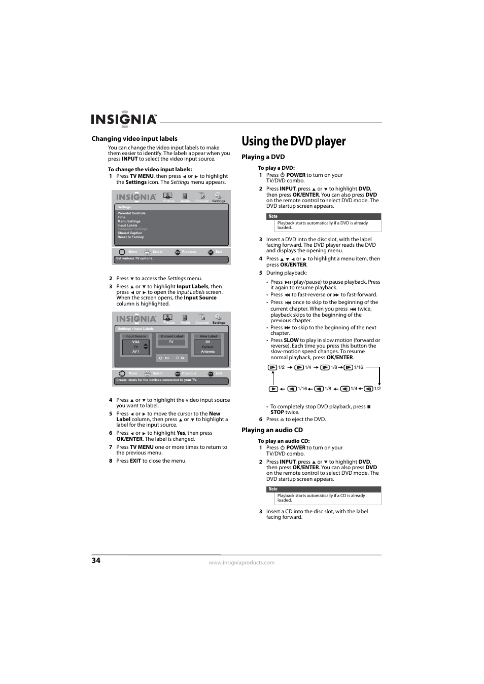 Changing video input labels, Using the dvd player, Playing a dvd | Playing an audio cd, Playing a dvd playing an audio cd, Ee “playing a dvd” on, 34 o, Playing an audio cd” o, Playing an audio cd” on, Ee “playing a dvd | Insignia NS-LDVD26Q-10A User Manual | Page 40 / 56