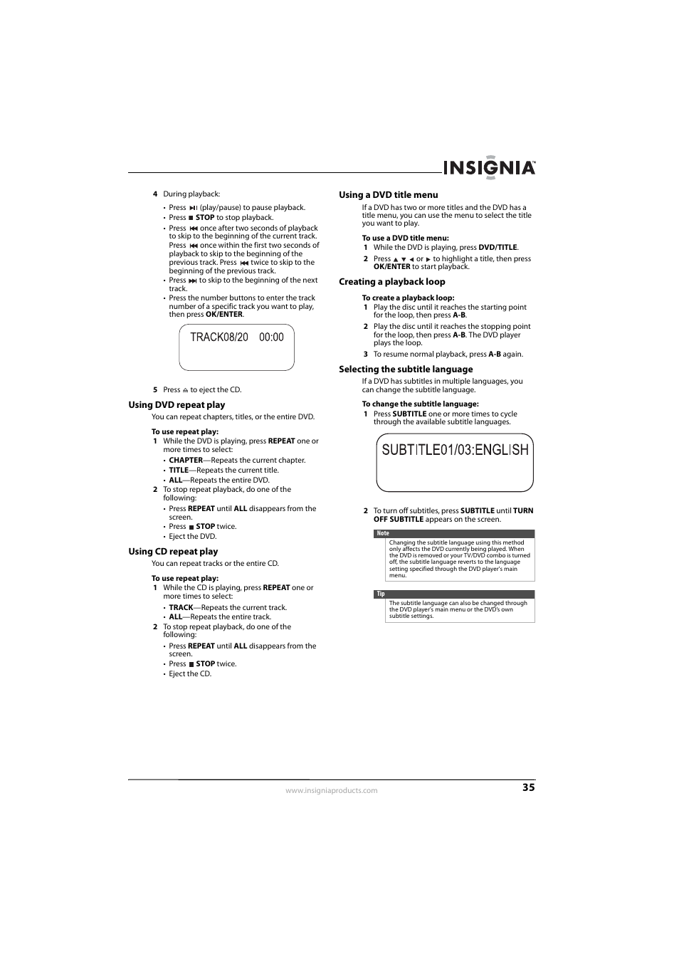 Using dvd repeat play, Using cd repeat play, Using a dvd title menu | Creating a playback loop, Selecting the subtitle language, See “using dvd repeat play, 35 and “using cd repeat play, See “creating a playback loop, Ee “selecting the subtitle language | Insignia NS-LDVD26Q-10A User Manual | Page 41 / 56