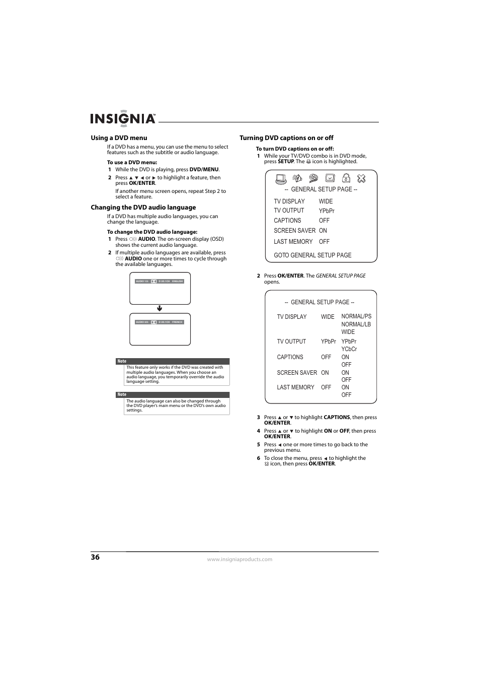 Using a dvd menu, Changing the dvd audio language, Turning dvd captions on or off | Ee “using a dvd menu | Insignia NS-LDVD26Q-10A User Manual | Page 42 / 56