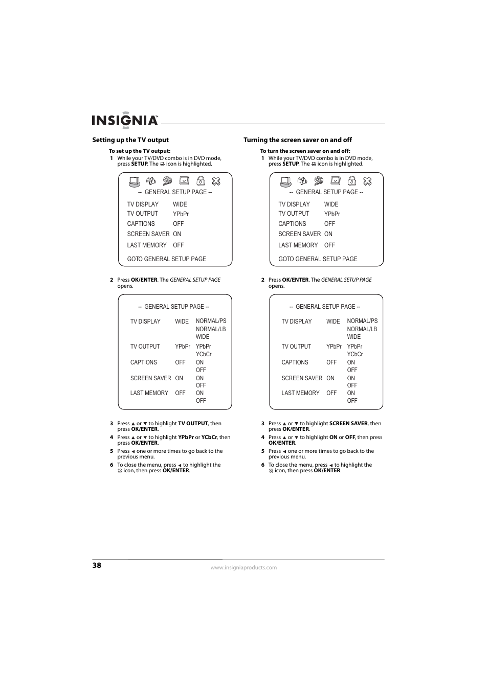 Setting up the tv output, Turning the screen saver on and off, Setting up the tv output” o | Insignia NS-LDVD26Q-10A User Manual | Page 44 / 56
