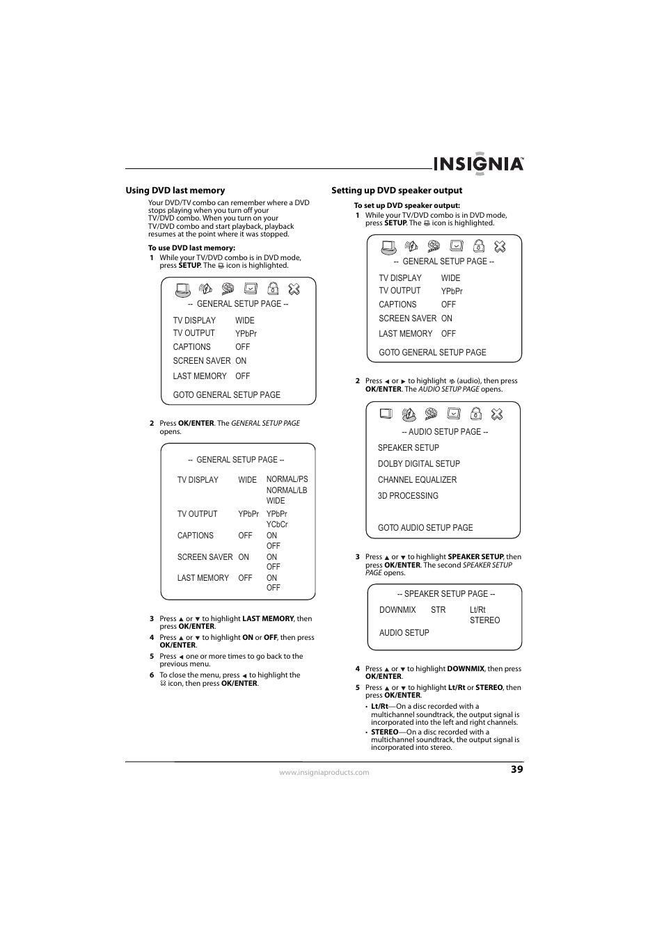 Using dvd last memory, Setting up dvd speaker output | Insignia NS-LDVD26Q-10A User Manual | Page 45 / 56