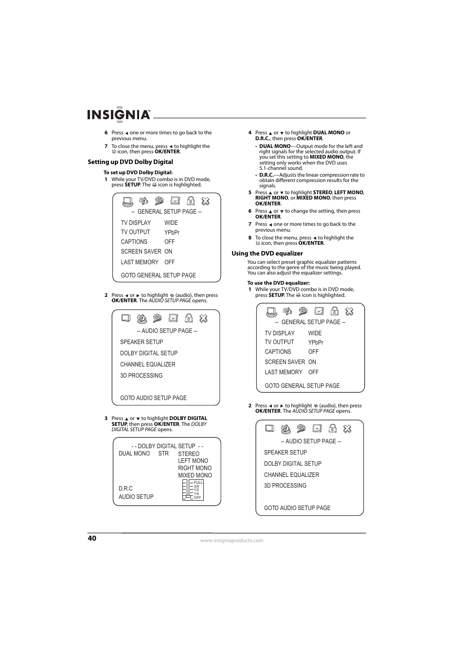 Setting up dvd dolby digital, Using the dvd equalizer | Insignia NS-LDVD26Q-10A User Manual | Page 46 / 56