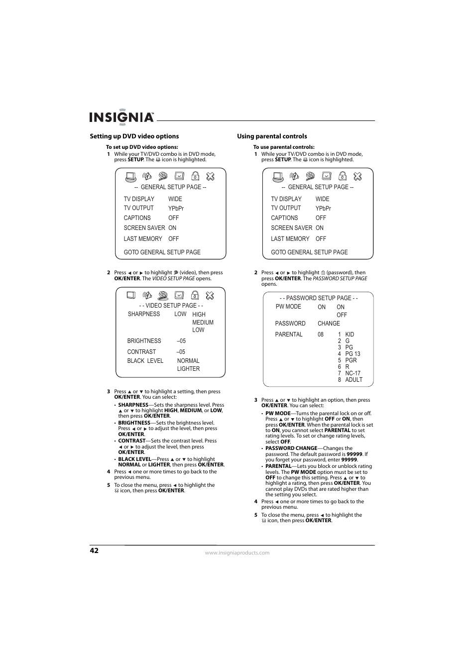 Setting up dvd video options, Using parental controls | Insignia NS-LDVD26Q-10A User Manual | Page 48 / 56
