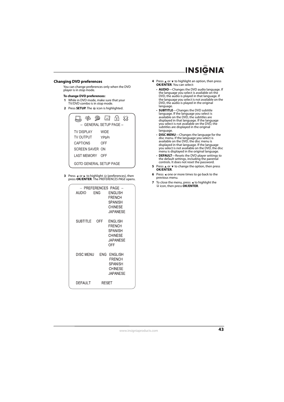 Changing dvd preferences | Insignia NS-LDVD26Q-10A User Manual | Page 49 / 56