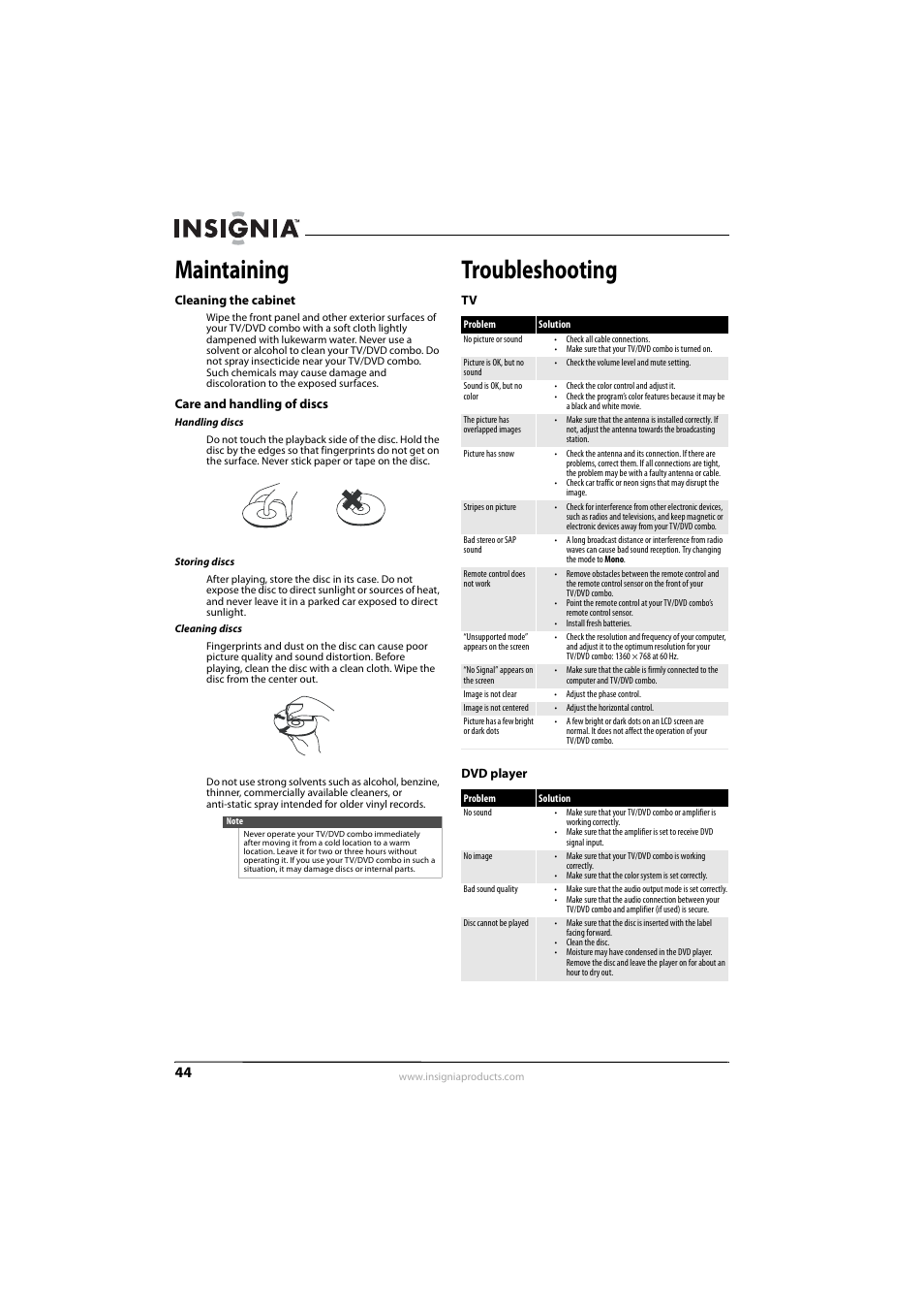 Maintaining, Cleaning the cabinet, Care and handling of discs | Troubleshooting, Dvd player, Tv dvd player | Insignia NS-LDVD26Q-10A User Manual | Page 50 / 56