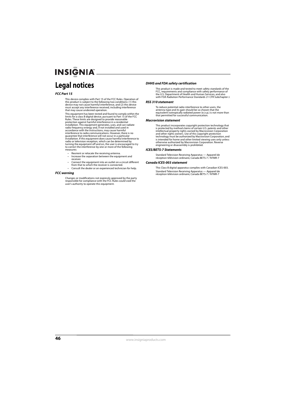 Legal notices | Insignia NS-LDVD26Q-10A User Manual | Page 52 / 56