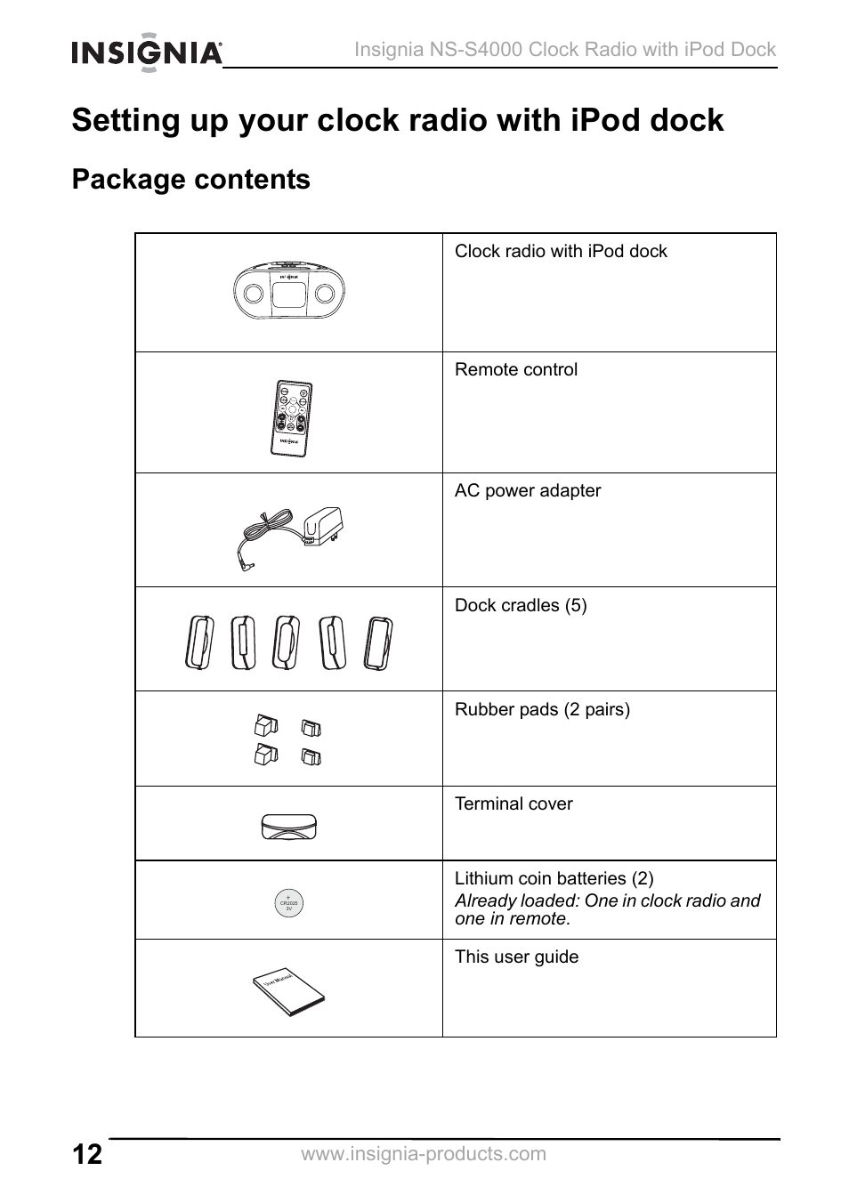 Setting up your clock radio with ipod dock, Package contents | Insignia NS-S4000 User Manual | Page 12 / 94