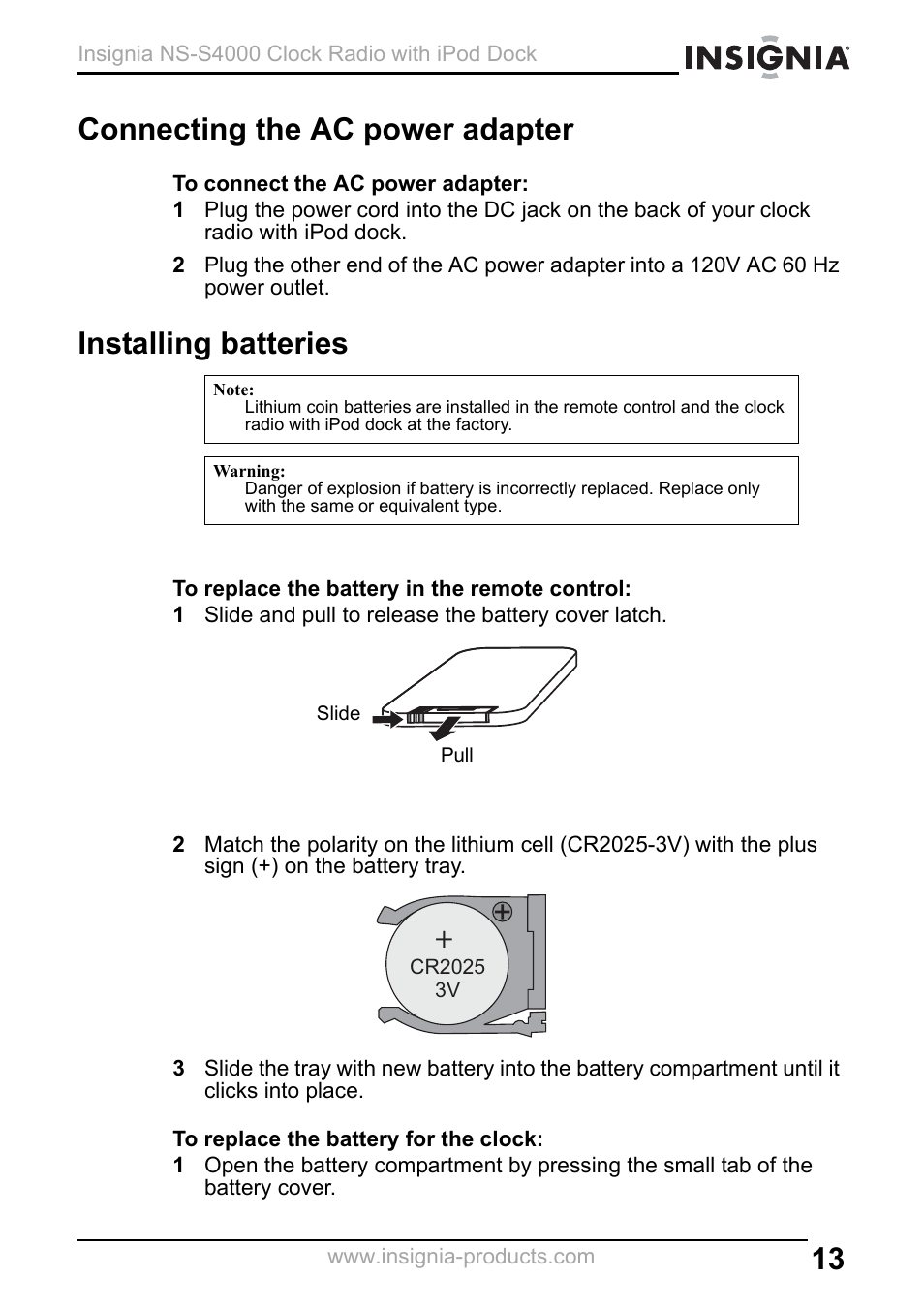 Connecting the ac power adapter, Installing batteries | Insignia NS-S4000 User Manual | Page 13 / 94