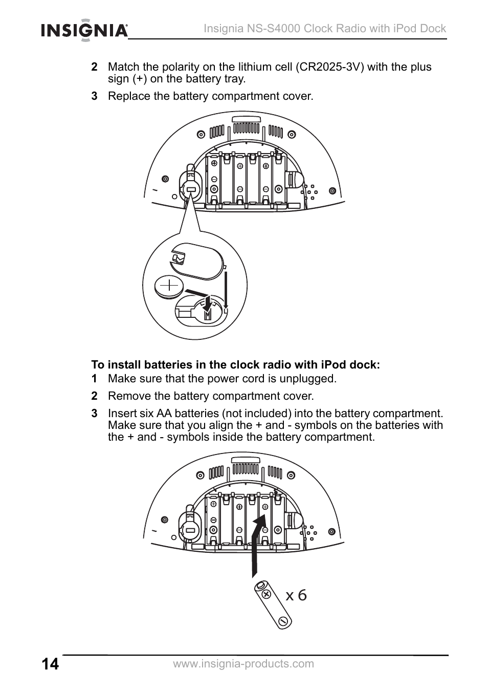 3 replace the battery compartment cover, 1 make sure that the power cord is unplugged, 2 remove the battery compartment cover | Insignia NS-S4000 User Manual | Page 14 / 94