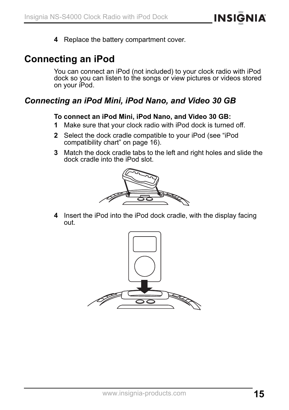 4 replace the battery compartment cover, Connecting an ipod | Insignia NS-S4000 User Manual | Page 15 / 94