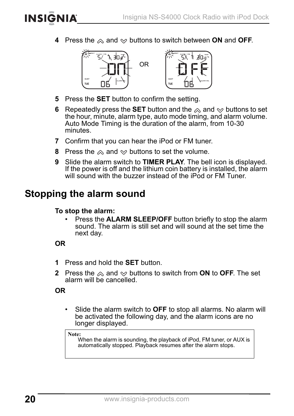 5 press the set button to confirm the setting, 7 confirm that you can hear the ipod or fm tuner, 8 press the and buttons to set the volume | Stopping the alarm sound, 1 press and hold the set button | Insignia NS-S4000 User Manual | Page 20 / 94