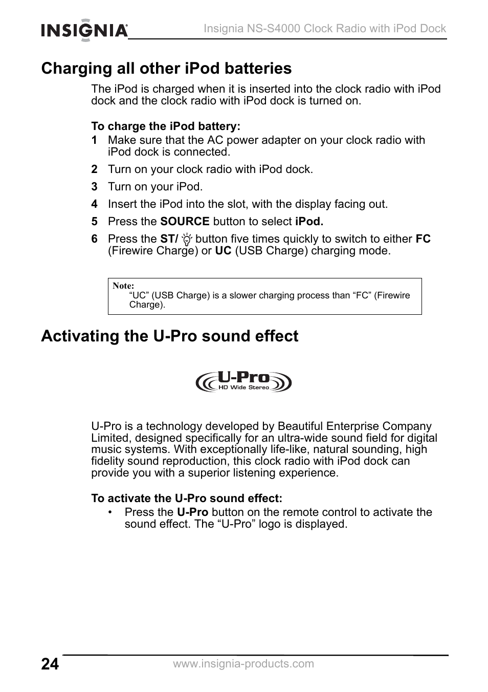 Charging all other ipod batteries, 2 turn on your clock radio with ipod dock, 3 turn on your ipod | 5 press the source button to select ipod, Activating the u-pro sound effect | Insignia NS-S4000 User Manual | Page 24 / 94