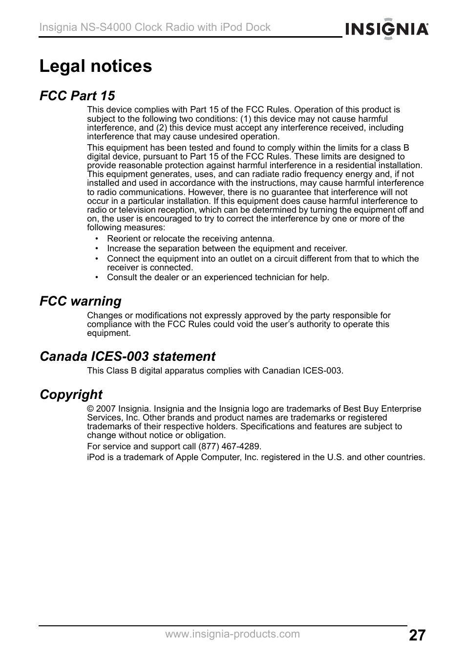 Legal notices, Fcc part 15, Fcc warning | Canada ices-003 statement, Copyright | Insignia NS-S4000 User Manual | Page 27 / 94