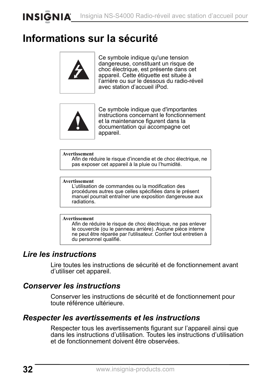 Informations sur la sécurité, Lire les instructions, Conserver les instructions | Respecter les avertissements et les instructions | Insignia NS-S4000 User Manual | Page 32 / 94