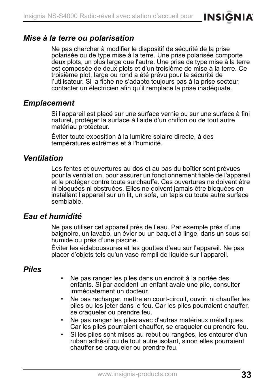 Mise à la terre ou polarisation, Emplacement, Ventilation | Eau et humidité, Piles | Insignia NS-S4000 User Manual | Page 33 / 94
