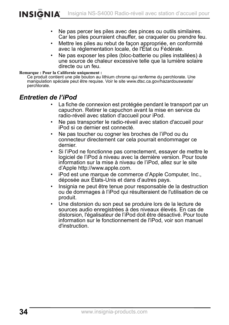 Entretien de l’ipod | Insignia NS-S4000 User Manual | Page 34 / 94