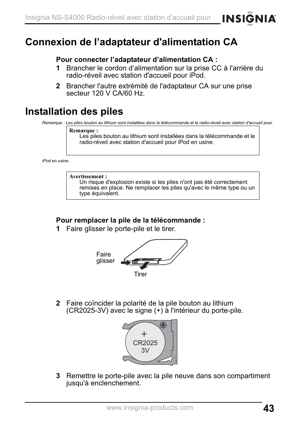 Connexion de l’adaptateur d'alimentation ca, Installation des piles, 1 faire glisser le porte-pile et le tirer | Insignia NS-S4000 User Manual | Page 43 / 94