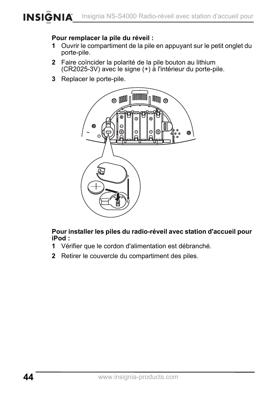 3 replacer le porte-pile, 2 retirer le couvercle du compartiment des piles | Insignia NS-S4000 User Manual | Page 44 / 94