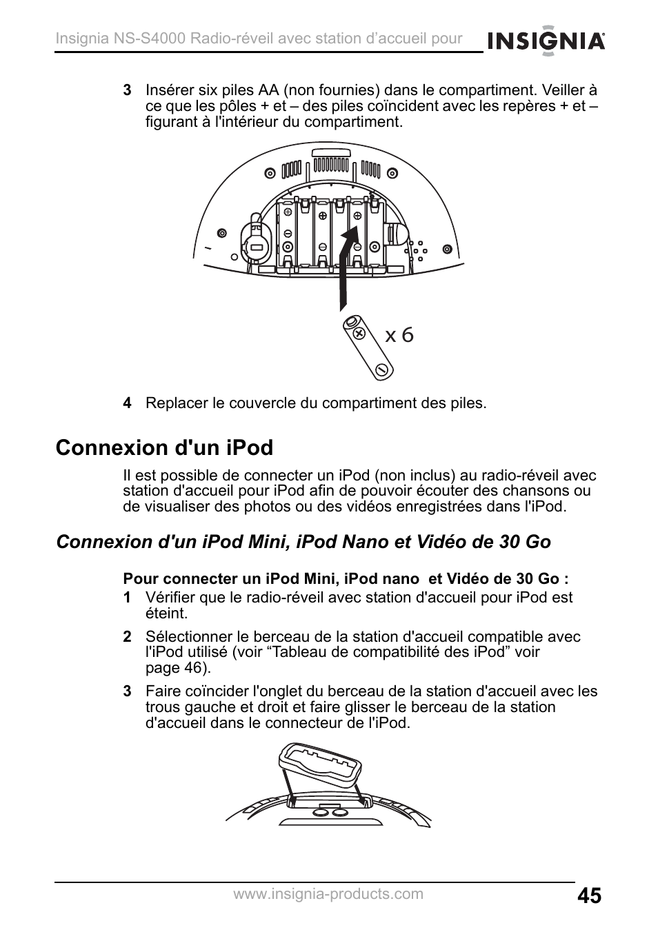 4 replacer le couvercle du compartiment des piles, Connexion d'un ipod | Insignia NS-S4000 User Manual | Page 45 / 94