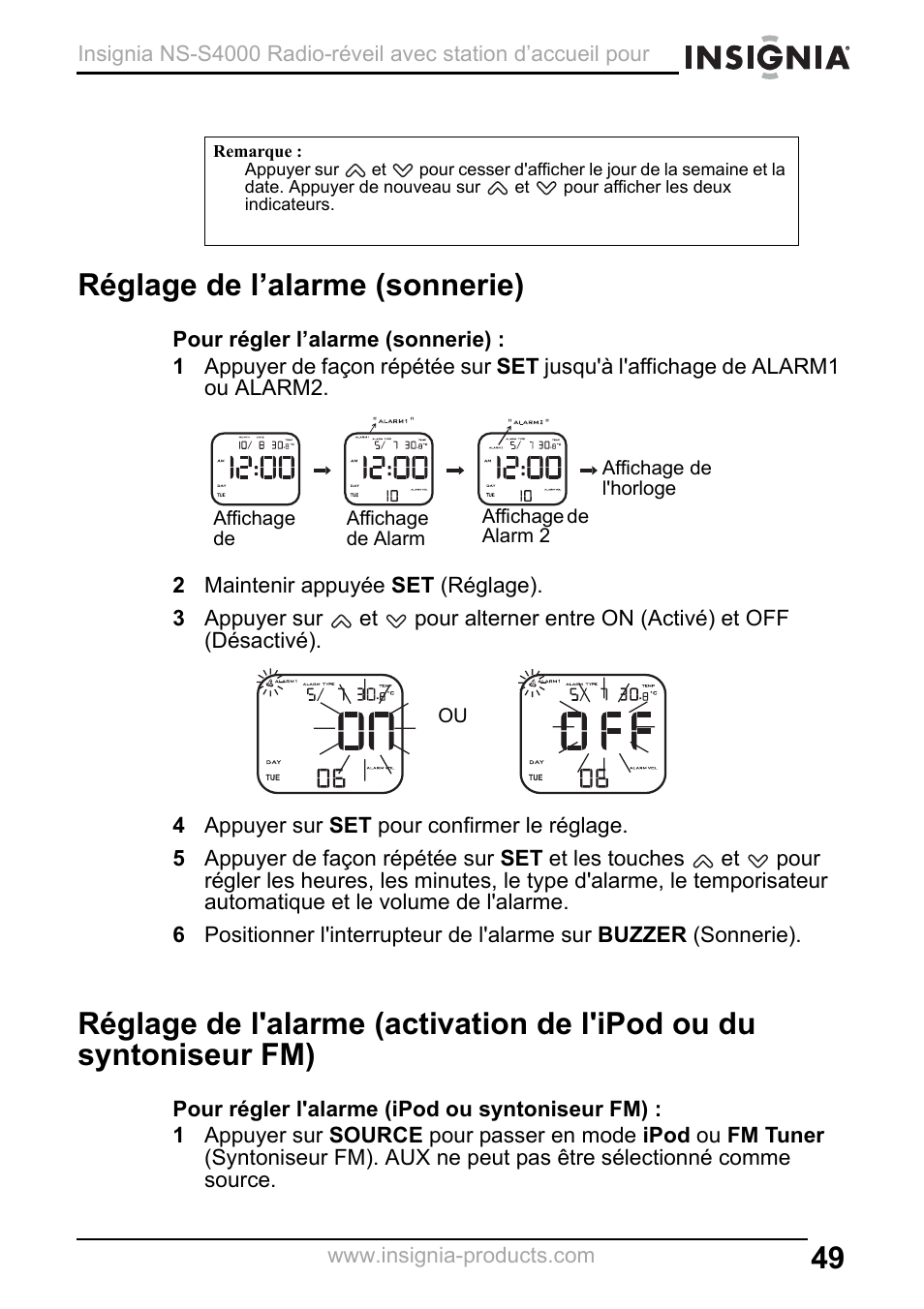 Réglage de l’alarme (sonnerie), 2 maintenir appuyée set (réglage), 4 appuyer sur set pour confirmer le réglage | Insignia NS-S4000 User Manual | Page 49 / 94