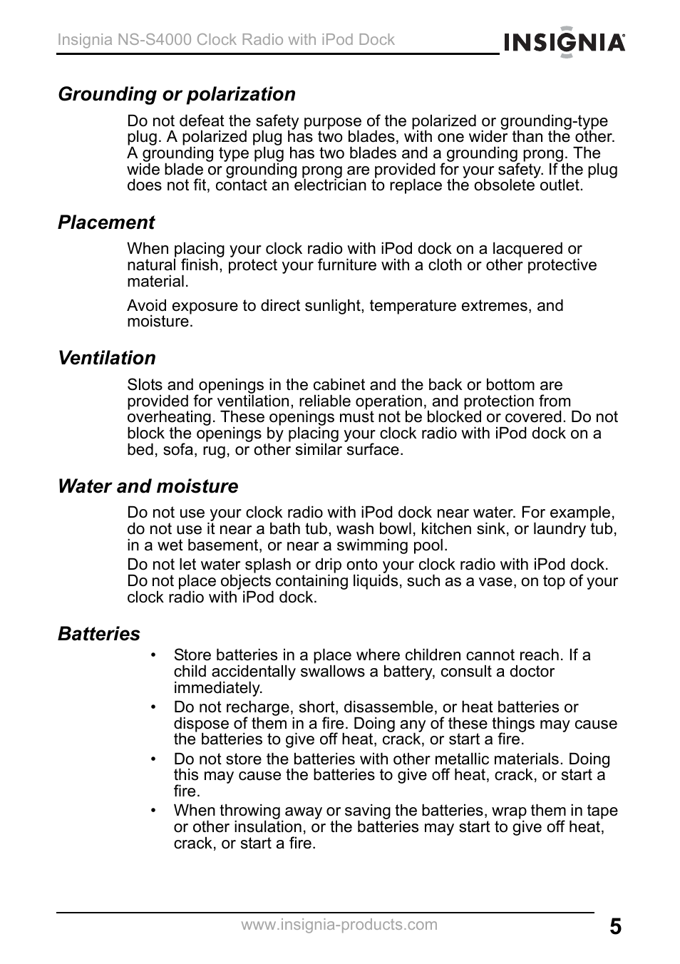 Grounding or polarization, Placement, Ventilation | Water and moisture, Batteries | Insignia NS-S4000 User Manual | Page 5 / 94